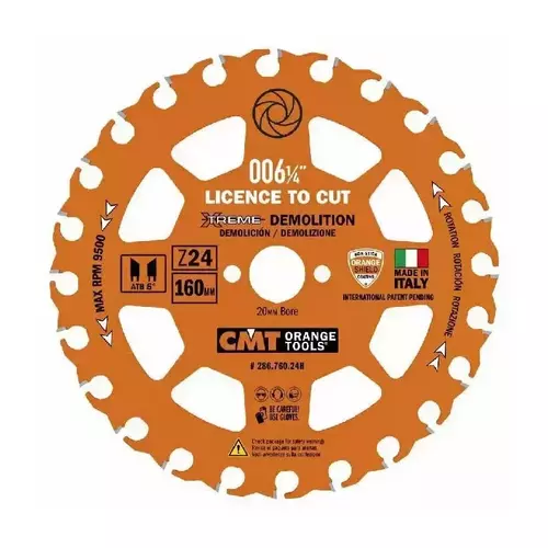 CMT Piła Tarcza do cięcia drewna z gwoździami HM Xtreme Demolition D:160 Z:24 F:20 K/P:2,3,/1,2 mm 286.760.24H