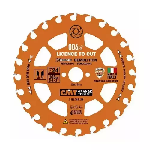 CMT Piła Tarcza do cięcia drewna z gwoździami HM Xtreme Demolition D:165 Z:24 F:20 K/P:2,3,/1,2 mm 286.765.24H
